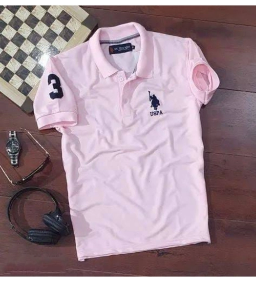 Generic Men's Casual Half sleeve Solid Cotton Polo Neck T-shirt (Pink)