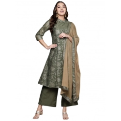 Generic Women's Casual 3-4Th Sleeve Floral Printed Chanderi Cotton Kurti Palazzo And Dupatta Set (Green)