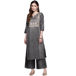 Generic Women's Casual 3-4Th Sleeve Ethnic Motifs Poly Silk Kurti And Palazzo Set (Dark Grey)