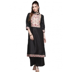 Generic Women's Casual 3-4Th Sleeve Floral Printed Poly Silk Kurti and Palazzo Set (Black)