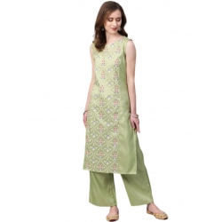 Generic Women's Casual Sleeveless Floral Printed Poly Silk Kurti and Palazzo Set (Green)