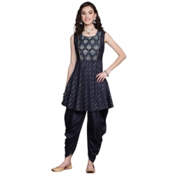 Generic Women's Casual Sleeveless Floral Printed Chinon Kurti And Dhoti Pant Set (Dark Blue)