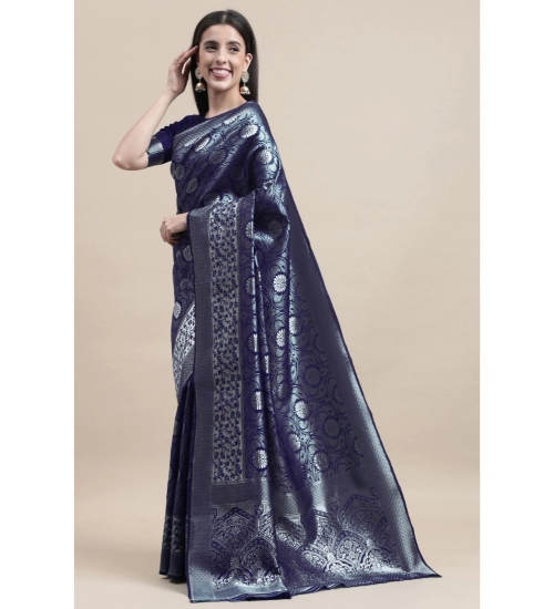 Generic Women's Kanjivaram Silk Designer Silver Weaving Saree With Unstitched Blouse (Blue, 5.50 Mtrs)