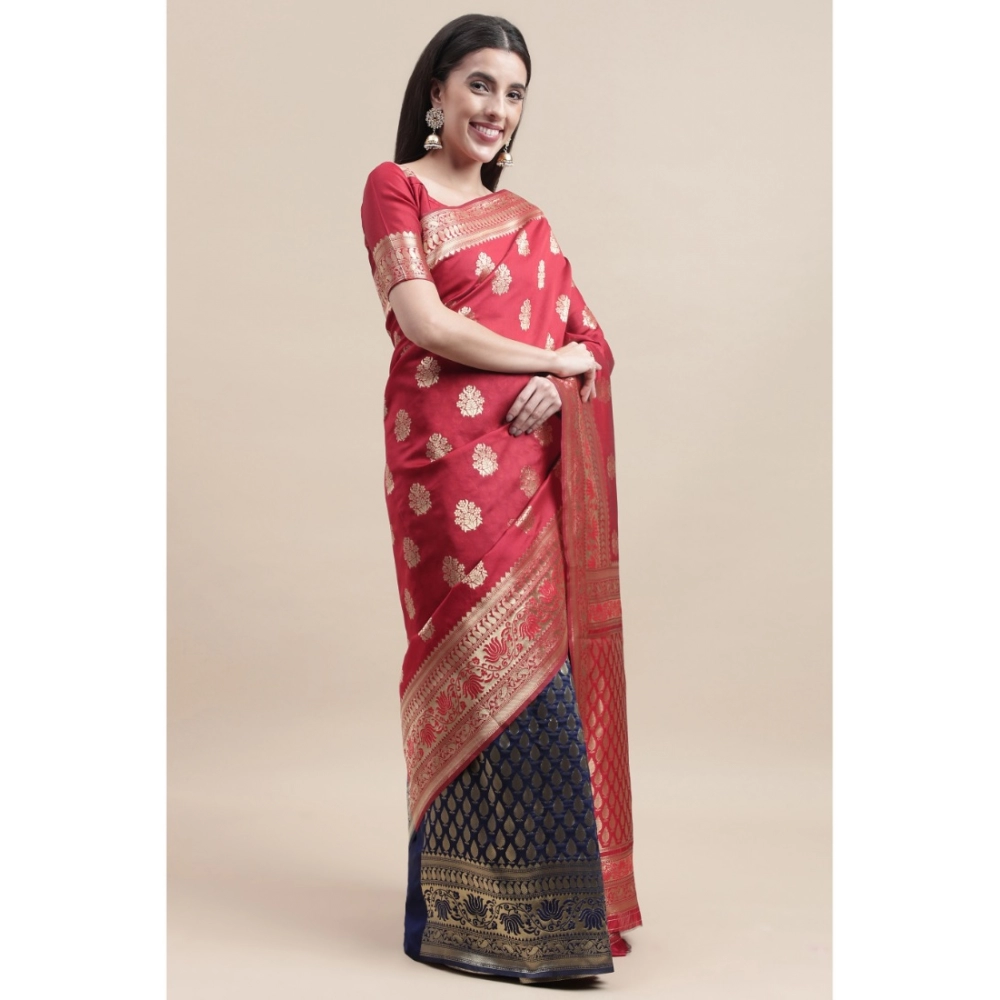Generic Women's Kanjivaram Silk Designer Weaving Saree With Unstitched Blouse (Red,Blue, 5.50 Mtrs) Generic Women's Kanjivaram Silk Designer Weaving Saree With Unstitched Blouse (Red,Blue, 5.50 Mtrs)