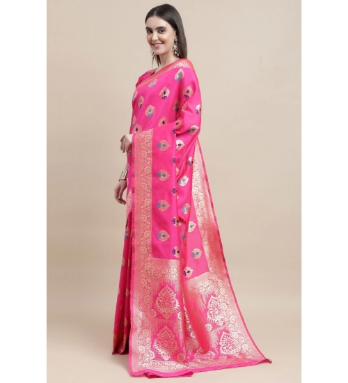 Generic Women's Kanjivaram Silk Designer Weaving Saree With Unstitched Blouse (Pink, 5.50 Mtrs)