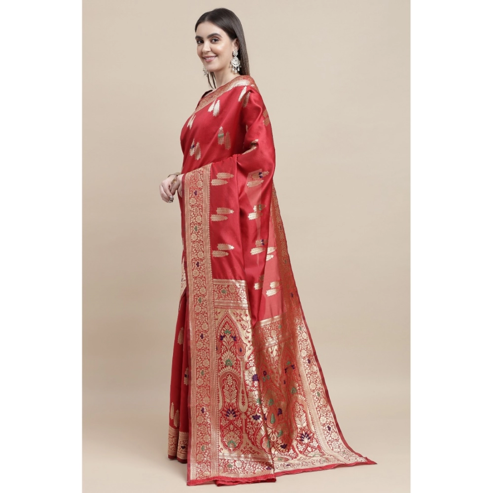 Generic Women's Kanjivaram Silk Designer Weaving Saree With Unstitched Blouse (Red, 5.50 Mtrs)