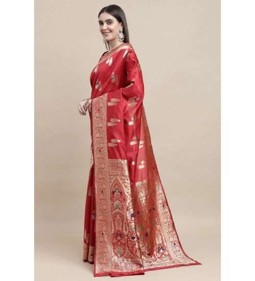 Generic Women's Kanjivaram Silk Designer Weaving Saree With Unstitched Blouse (Red, 5.50 Mtrs)