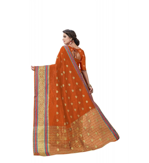 Generic Women's Cotton Silk Designer Weaving Saree With Unstitched Blouse (Orange, 5.50 Mtrs)