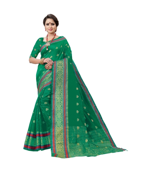 Generic Women's Cotton Silk Designer Weaving Saree With Unstitched Blouse (Green, 5.50 Mtrs)