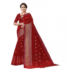 Generic Women's Cotton Silk Designer Weaving Saree With Unstitched Blouse (Maroon, 5.50 Mtrs)