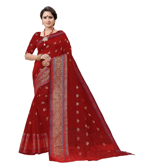 Generic Women's Cotton Silk Designer Weaving Saree With Unstitched Blouse (Maroon, 5.50 Mtrs)