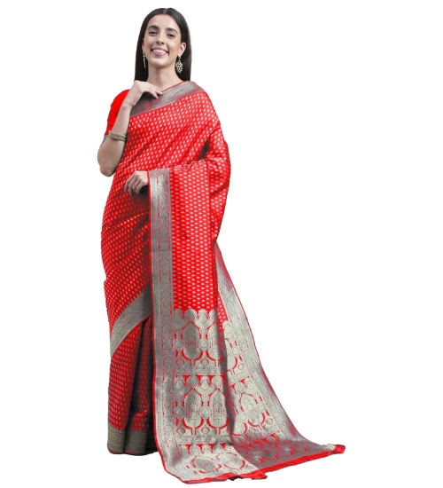 Generic Women's Kanjivaram Silk Designer Weaving Saree With Unstitched Blouse (Red, 5.50 Mtrs)