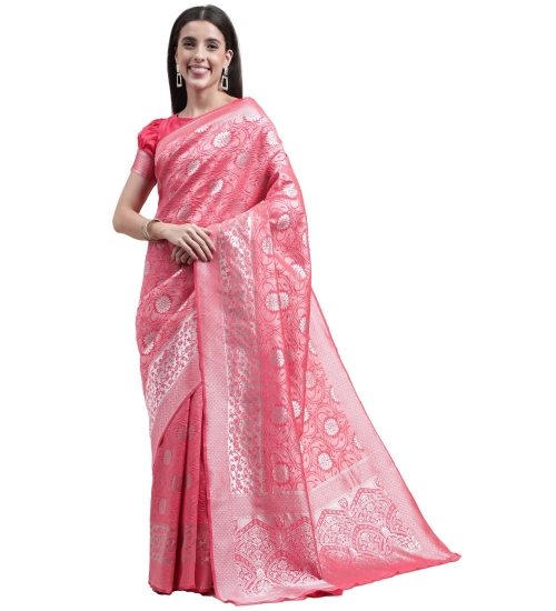 Generic Women's Kanjivaram Silk Designer Silver Weaving Saree With Unstitched Blouse (Pink, 5.50 Mtrs)