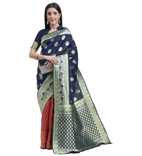 Generic Women's Kanjivaram Silk Designer Weaving Saree With Unstitched Blouse (Blue,Red, 5.50 Mtrs)