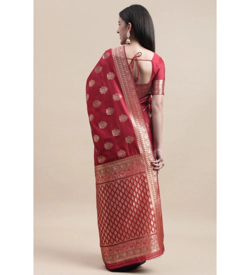 Generic Women's Kanjivaram Silk Designer Weaving Saree With Unstitched Blouse (Red,Blue, 5.50 Mtrs)