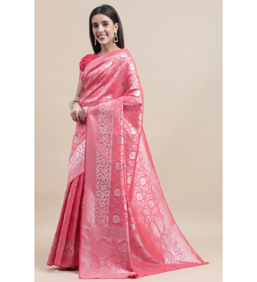 Generic Women's Kanjivaram Silk Designer Silver Weaving Saree With Unstitched Blouse (Pink, 5.50 Mtrs)
