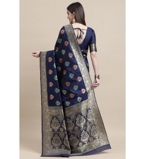Generic Women's Kanjivaram Silk Designer Weaving Saree With Unstitched Blouse (Blue, 5.50 Mtrs)