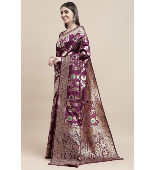 Generic Women's Kanjivaram Silk Designer Weaving Saree With Unstitched Blouse (Purple, 5.50 Mtrs)