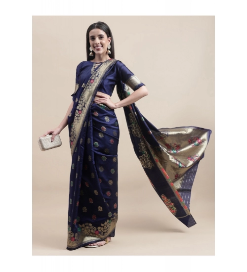 Generic Women's Kanjivaram Silk Designer Weaving Saree With Unstitched Blouse (Blue, 5.50 Mtrs)