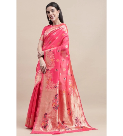 Generic Women's Kanjivaram Silk Designer Weaving Saree With Unstitched Blouse (Pink, 5.50 Mtrs)