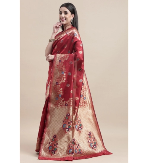 Generic Women's Kanjivaram Silk Designer Weaving Saree With Unstitched Blouse (Red, 5.50 Mtrs)
