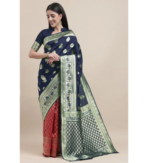 Generic Women's Kanjivaram Silk Designer Weaving Saree With Unstitched Blouse (Blue,Red, 5.50 Mtrs)