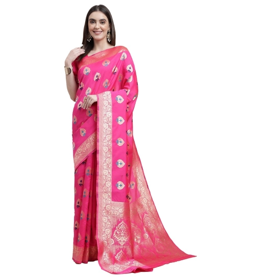 Generic Women's Kanjivaram Silk Designer Weaving Saree With Unstitched Blouse (Pink, 5.50 Mtrs)