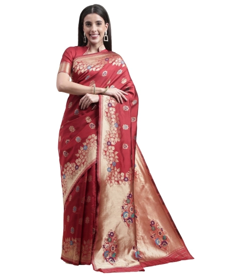 Generic Women's Kanjivaram Silk Designer Weaving Saree With Unstitched Blouse (Red, 5.50 Mtrs)