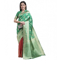 Generic Women's Kanjivaram Silk Designer Weaving Saree With Unstitched Blouse (Green &amp; Red, 5.50 Mtrs)