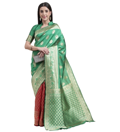 Generic Women's Kanjivaram Silk Designer Weaving Saree With Unstitched Blouse (Green &amp; Red, 5.50 Mtrs)