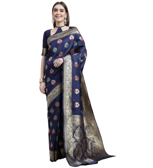 Generic Women's Kanjivaram Silk Designer Weaving Saree With Unstitched Blouse (Blue, 5.50 Mtrs)