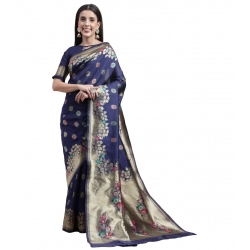 Generic Women's Kanjivaram Silk Designer Weaving Saree With Unstitched Blouse (Blue, 5.50 Mtrs)