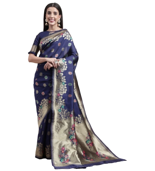 Generic Women's Kanjivaram Silk Designer Weaving Saree With Unstitched Blouse (Blue, 5.50 Mtrs)