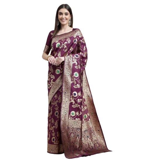 Generic Women's Kanjivaram Silk Designer Weaving Saree With Unstitched Blouse (Purple, 5.50 Mtrs)
