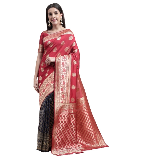 Generic Women's Kanjivaram Silk Designer Weaving Saree With Unstitched Blouse (Red,Blue, 5.50 Mtrs)