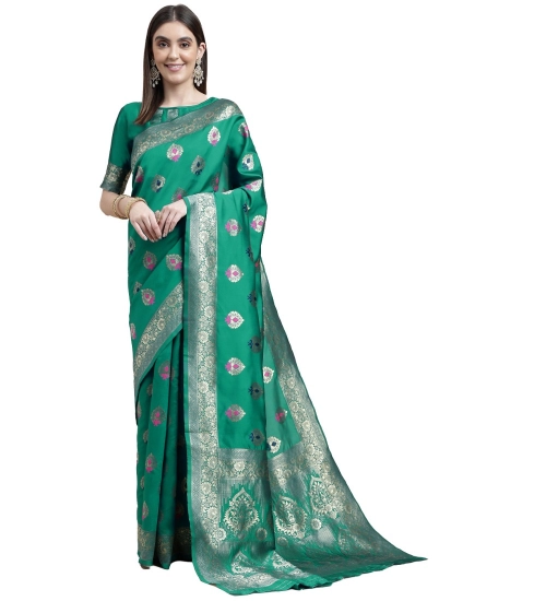 Generic Women's Kanjivaram Silk Designer Weaving Saree With Unstitched Blouse (Green, 5.50 Mtrs)