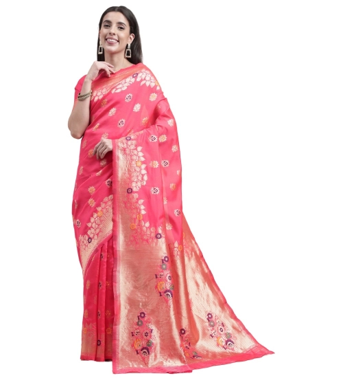 Generic Women's Kanjivaram Silk Designer Weaving Saree With Unstitched Blouse (Pink, 5.50 Mtrs)