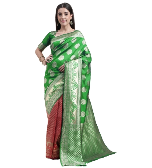 Generic Women's Kanjivaram Silk Designer Weaving Saree With Unstitched Blouse (Green &amp; Red, 5.50 Mtrs)