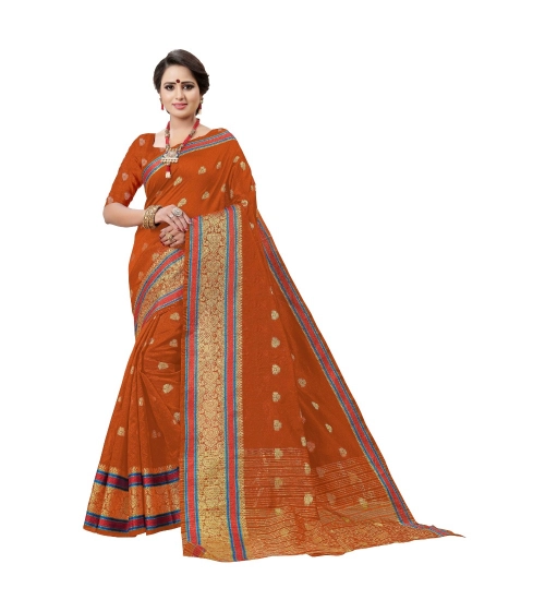 Generic Women's Cotton Silk Designer Weaving Saree With Unstitched Blouse (Orange, 5.50 Mtrs)