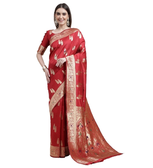 Generic Women's Kanjivaram Silk Designer Weaving Saree With Unstitched Blouse (Red, 5.50 Mtrs)
