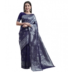 Generic Women's Kanjivaram Silk Designer Silver Weaving Saree With Unstitched Blouse (Blue, 5.50 Mtrs)