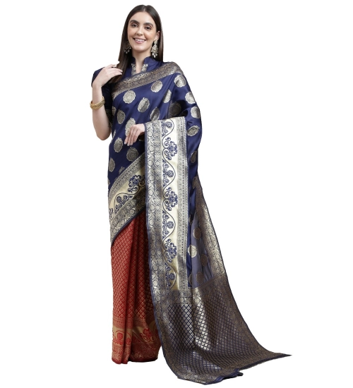 Generic Women's Kanjivaram Silk Designer Weaving Saree With Unstitched Blouse (Blue &amp; Red, 5.50 Mtrs)