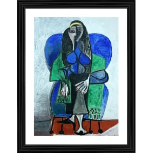 Generic Seated Woman with Green Shawl 1960 Painting With Wood Photo Frame (Multicolor)