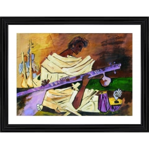 Generic Sitar Player Painting With Wood Photo Frame (Multicolor)