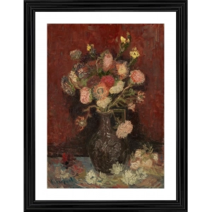 Generic Vase with Gladioli and Chinese Asters Painting With Wood Photo Frame (Multicolor)