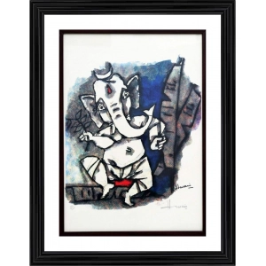 Generic Ganesha Dances Painting With Wood Photo Frame (Multicolor)