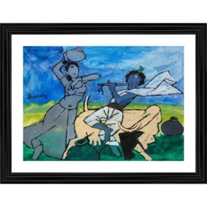 Generic Radha Krishna Painting With Wood Photo Frame (Multicolor)