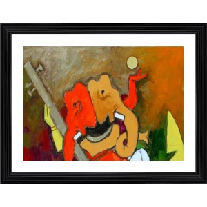 Generic Ganesh Playing Veena Painting With Wood Photo Frame (Multicolor)