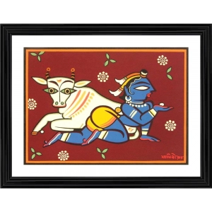 Generic Bal Krishna and Cow Painting With Wood Photo Frame (Multicolor)