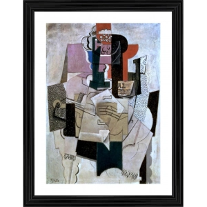 Generic Bowl of Fruit Violin and Bottle 1914 Painting With Wood Photo Frame (Multicolor)
